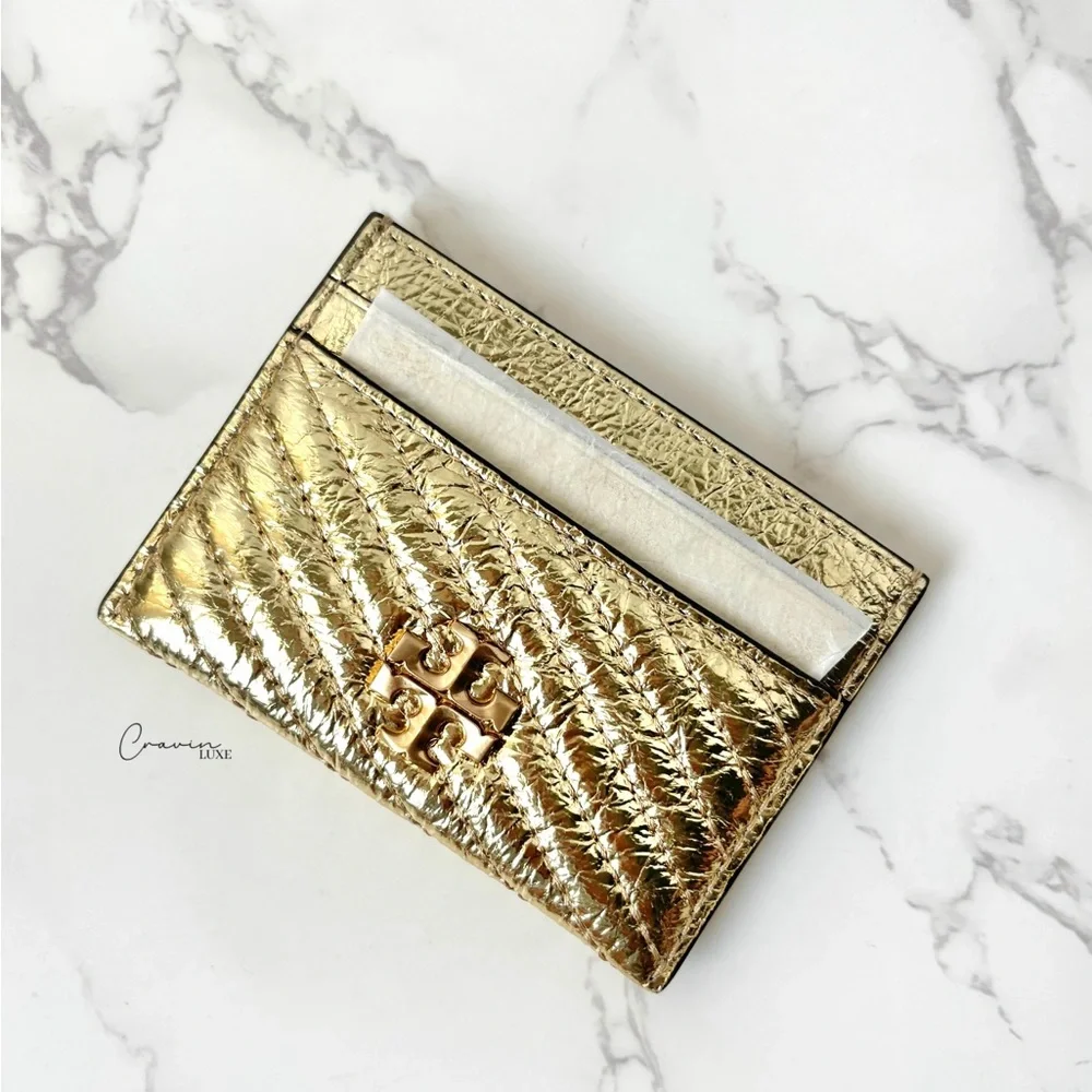New Tory Burch Kira Metallic Crinkled Leather Gold Card Case